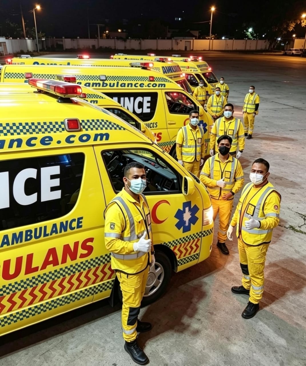 Dombulance team beside the yellow ambulance fleet at night